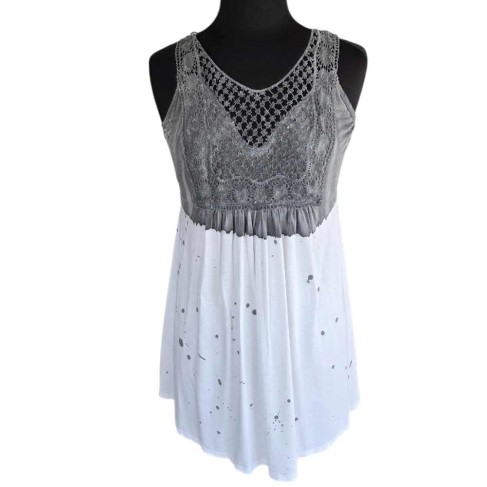 Vintage Y2K TParty Boho Chic Twee Tunic Tank Top Gray and White Lace Dip Dye